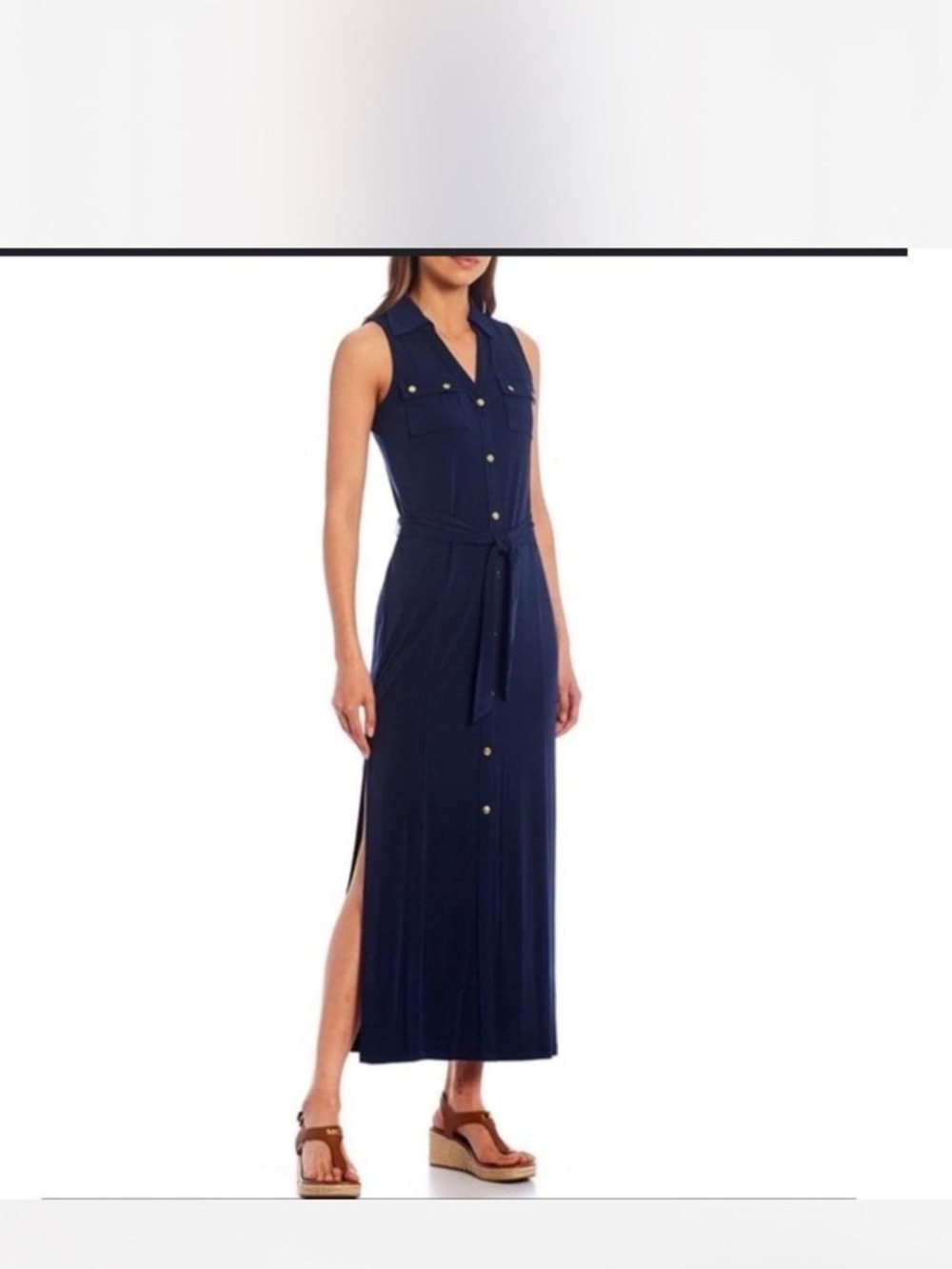 Michael Kors Navy Sleeveless Shirt Maxi Dress with Tie Waist